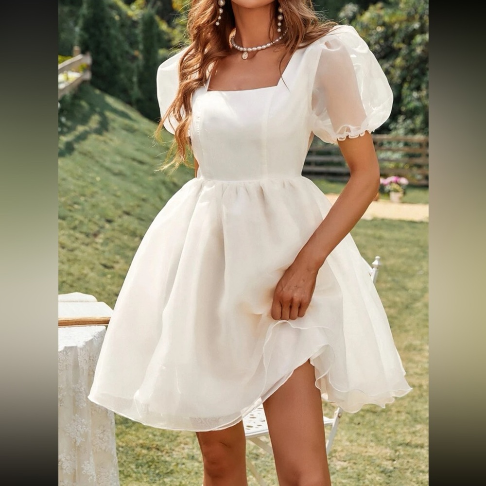 Square Neck Puff Sleeve Dress | bridal, engagement attire
